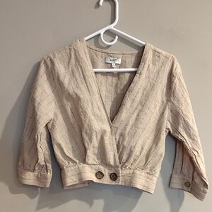 Oat New York Women's Small Oatmeal Beige Crop Long Sleeve V-Neck Top